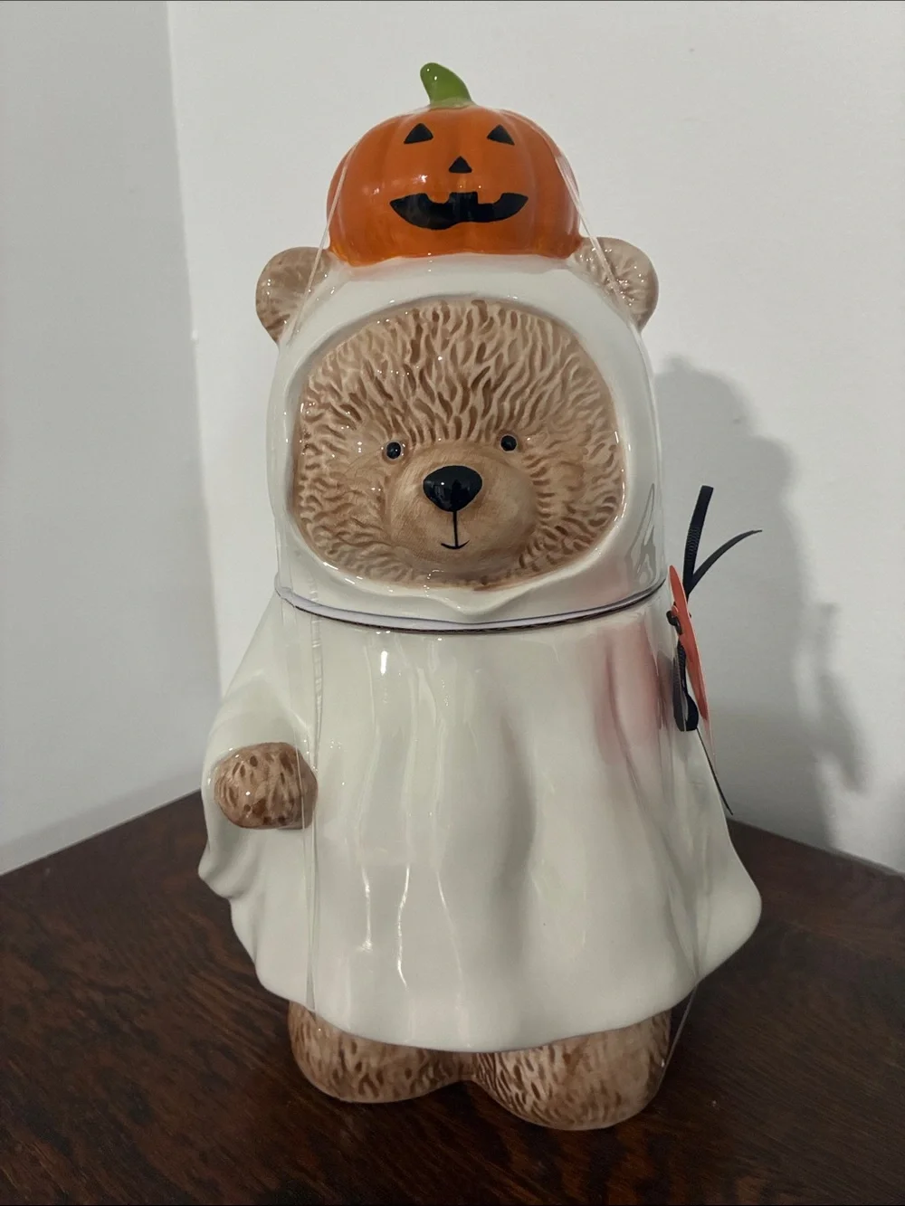 NWT- Halloween Ghost Bear Ceramic Cookie Jar- w/ Jack-o-lantern Pumpkin Handle